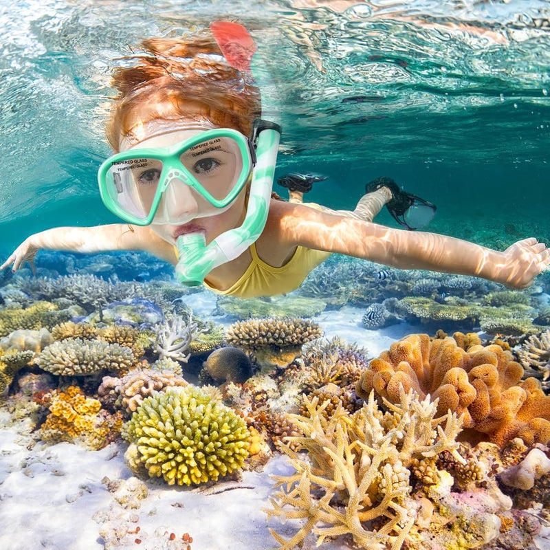 ACQCES Kids Snorkel Set Dry Top Snorkeling Gear for Kids Youth Boys Girls Junior Age 5-15,Tempered Glass Swimming Diving Mask and Snorkel Set 180 Degree Panoramic View - Image 2